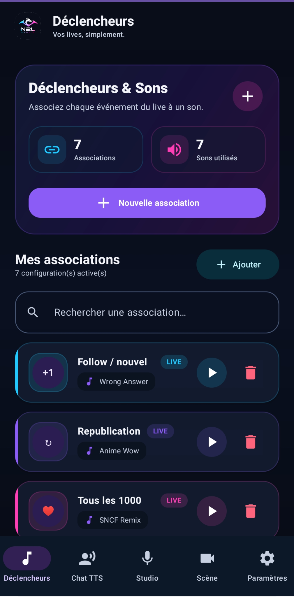 Tableau des déclencheurs de N2L Studio Android