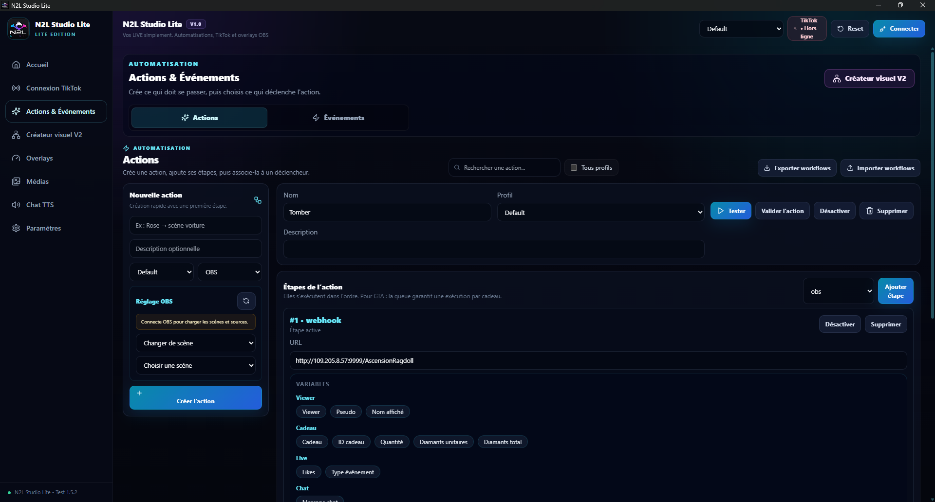 Actions et événements de N2L Studio Lite